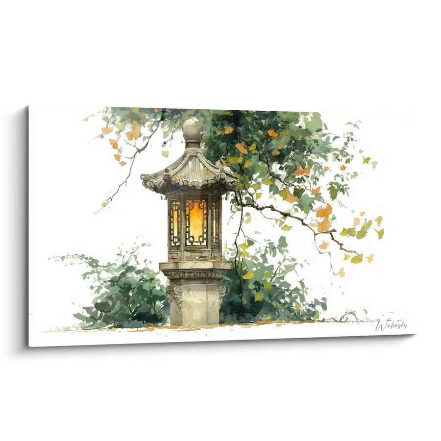 Tableau Lanterne Japonaise Traditionnelle dans Jardin Zen Aquarelle - Sérénité Orientale - Edition Lanterne