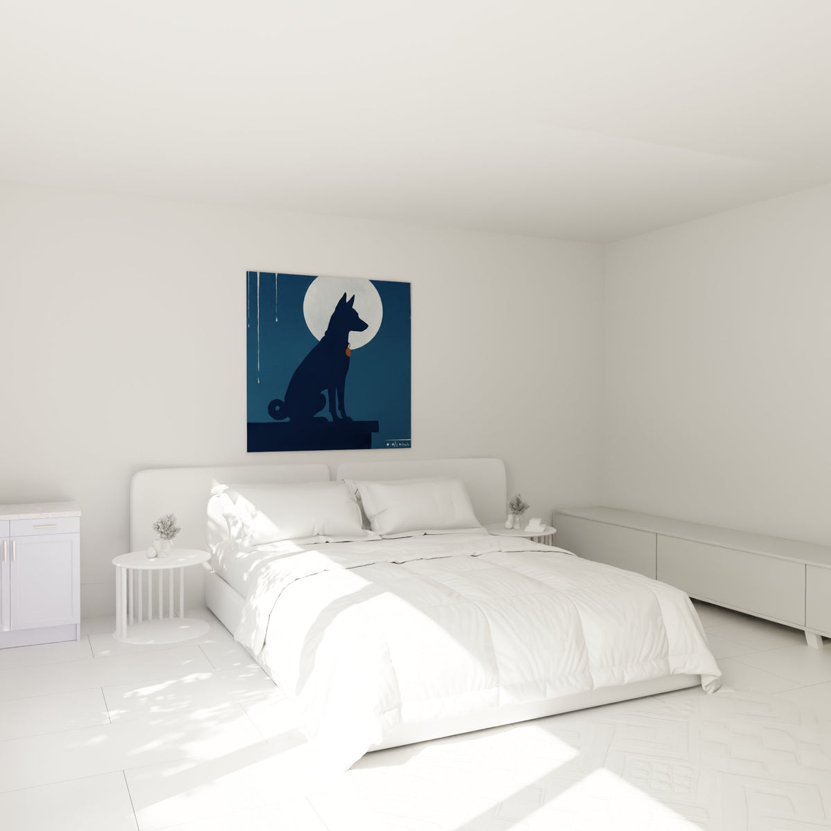 Tableau chien Basenji lune bleue nocturne decoration murale chambre ambiance apaisante minimaliste