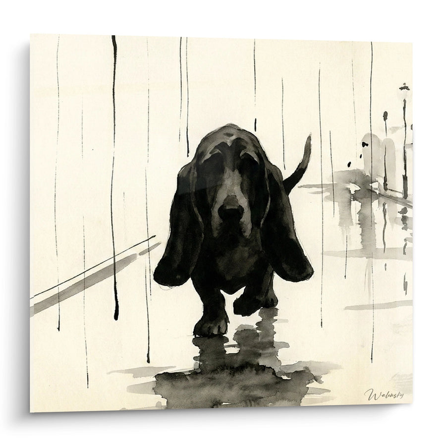 Tableau Basset Hound sous la Pluie Aquarelle - Mélancolie Canine - Edition Basset Hound