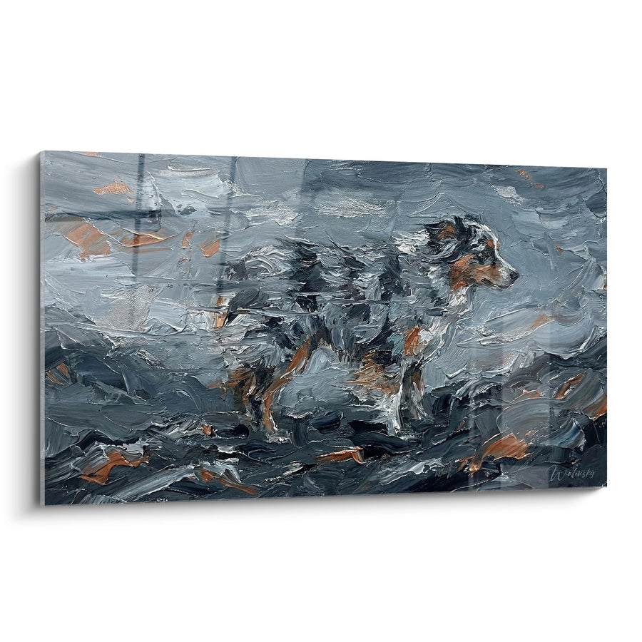 Tableau Berger Australien en Mouvement dans les Vagues Grises - Élan Sauvage - Edition Berger Americain Miniature
