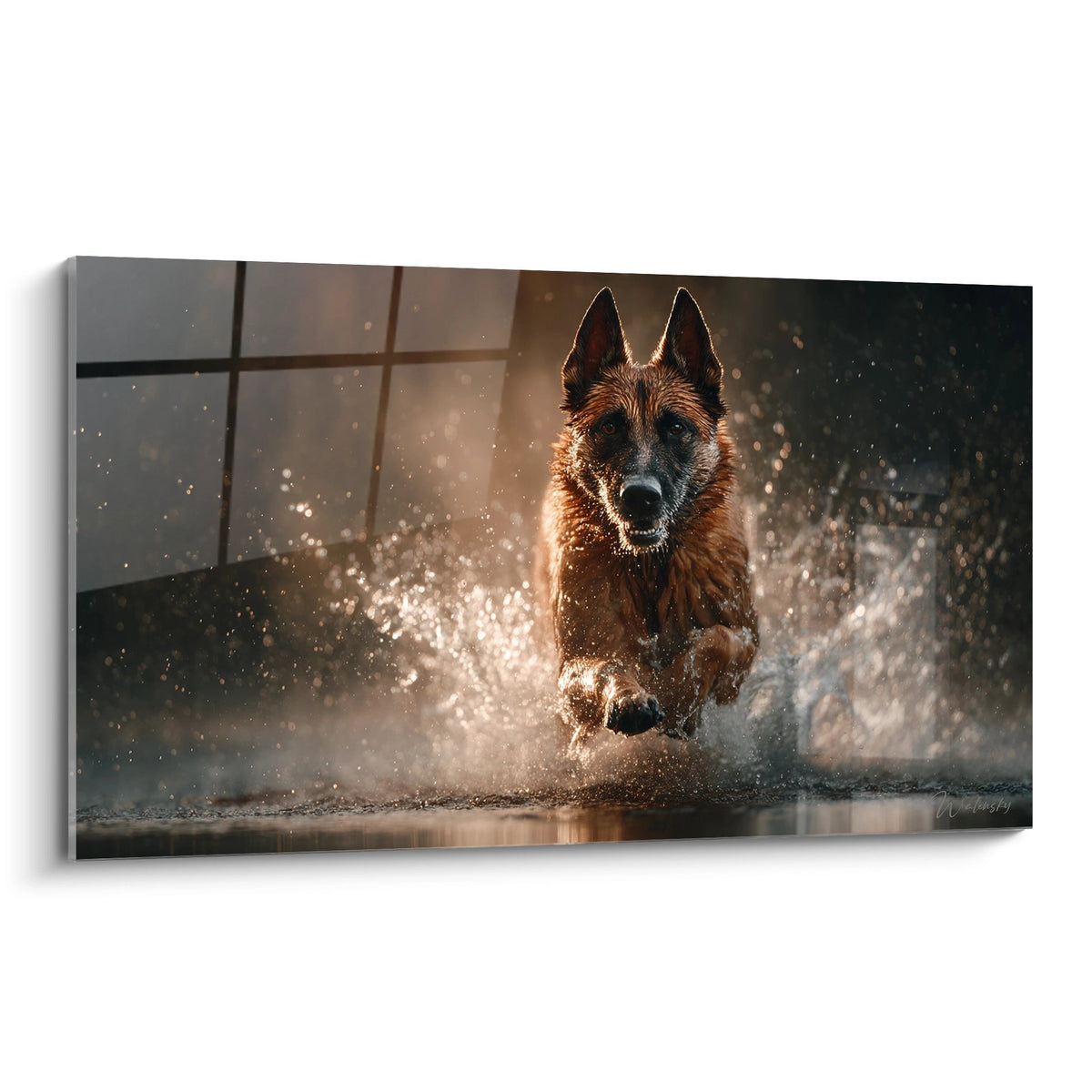 Berger Belge Malinois courant dans l'eau avec éclaboussures dorées, tableau dynamique tons cuivrés