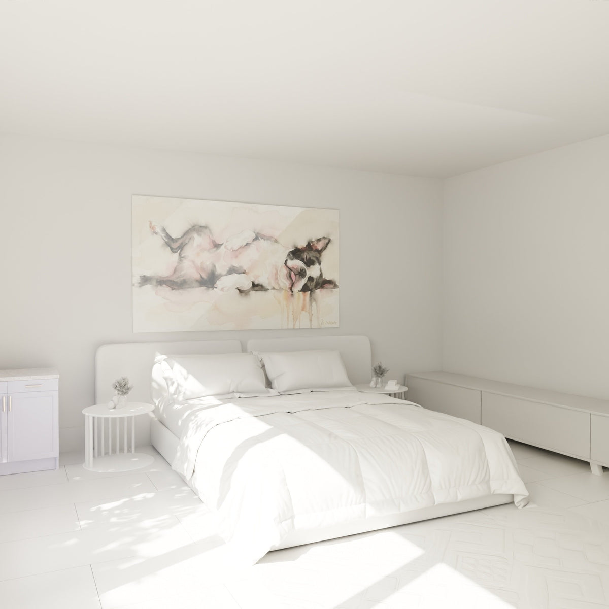 tableau boston terrier aquarelle rose chambre decoration murale ambiance douce cocooning
