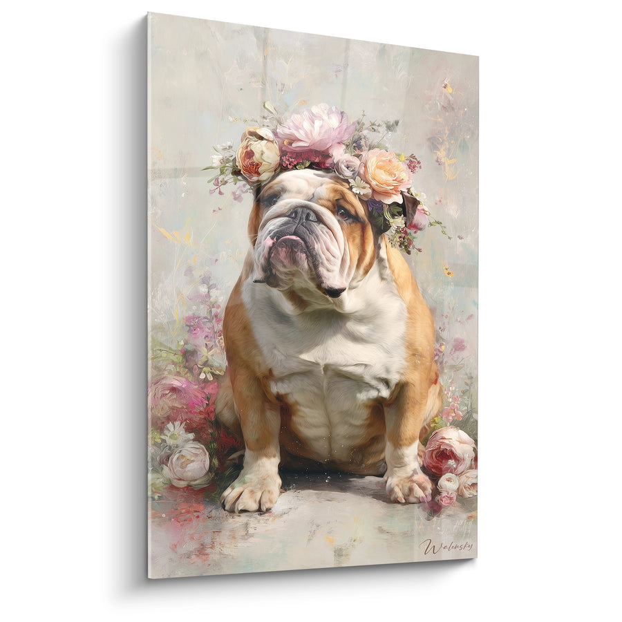 Tableau Bouledogue Anglais avec Couronne de Fleurs - Portrait Fleuri - Edition Bouledogue Anglais