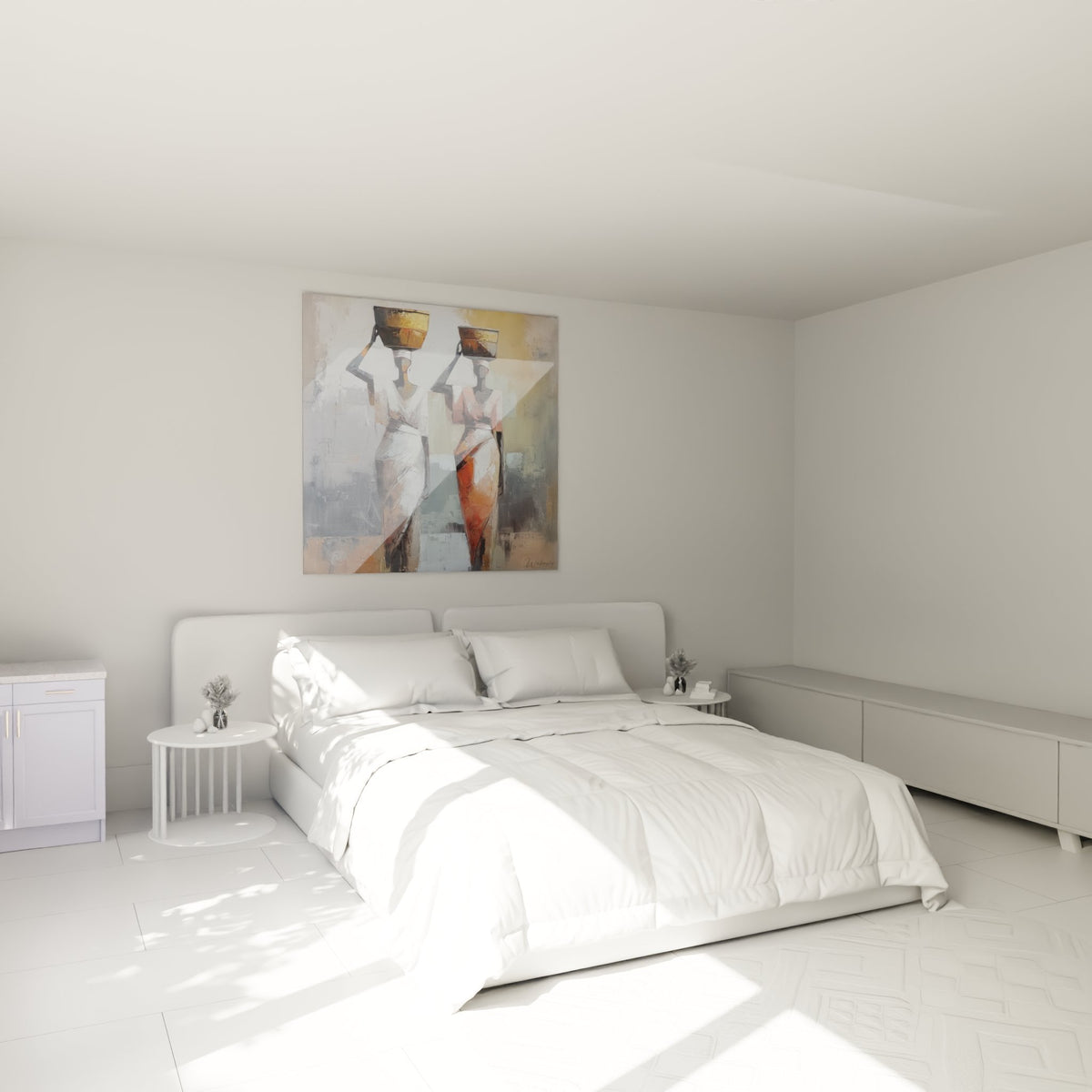 Tableau femmes africaines porteuses d'eau décorant une chambre moderne, ambiance chaleureuse et authentique