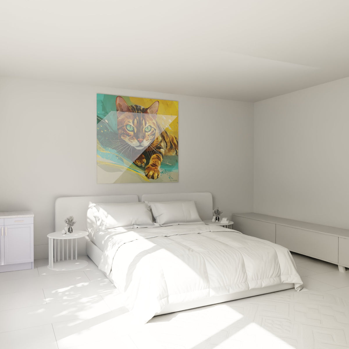 Tableau chat Toyger artistique dans chambre moderne, decoration murale feline contemporaine aux tons chauds