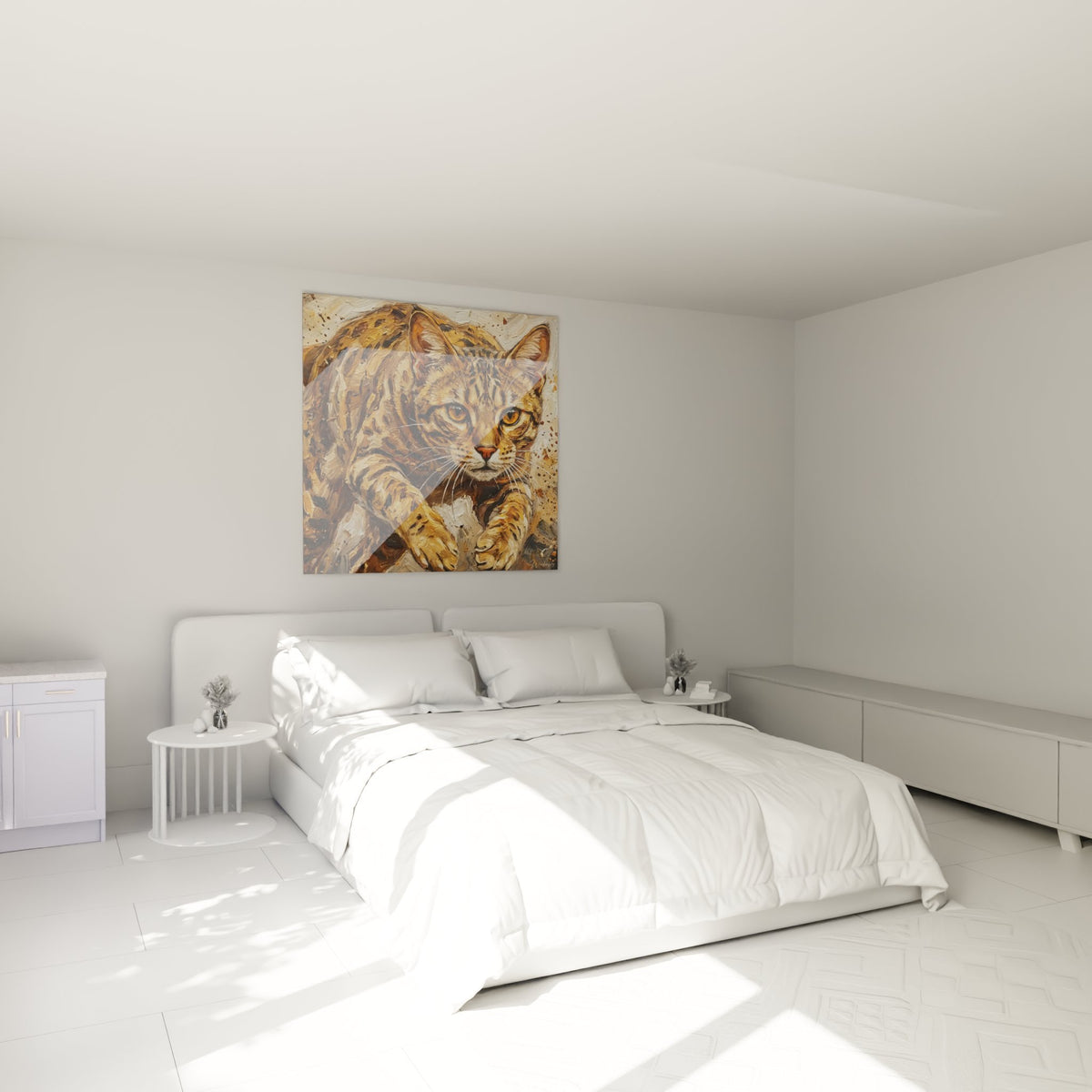 Tableau chat Ocicat accroche mur chambre decoration interieure art felin peinture huile ambiance chaleureuse