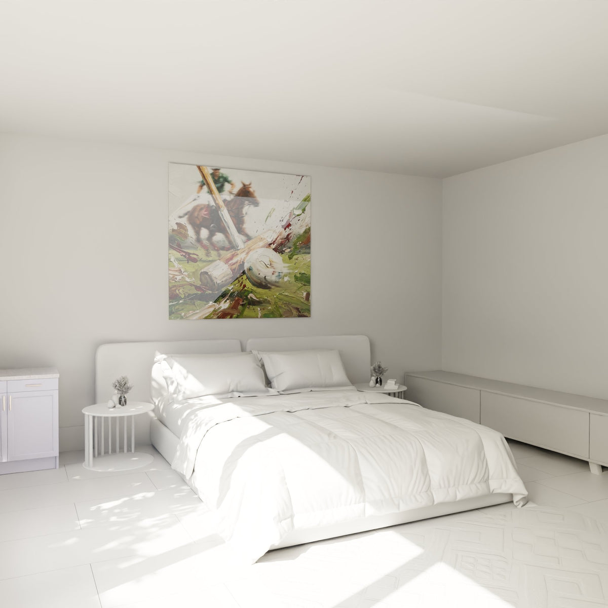 Decoration murale polo dans chambre moderne avec tableau chute cavalier style artistique contemporain
