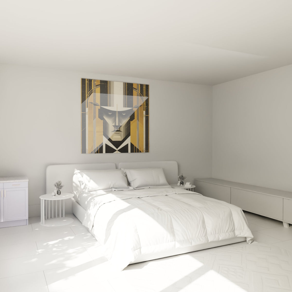Portrait art déco géométrique doré décorant élégamment une chambre moderne aux tons neutres