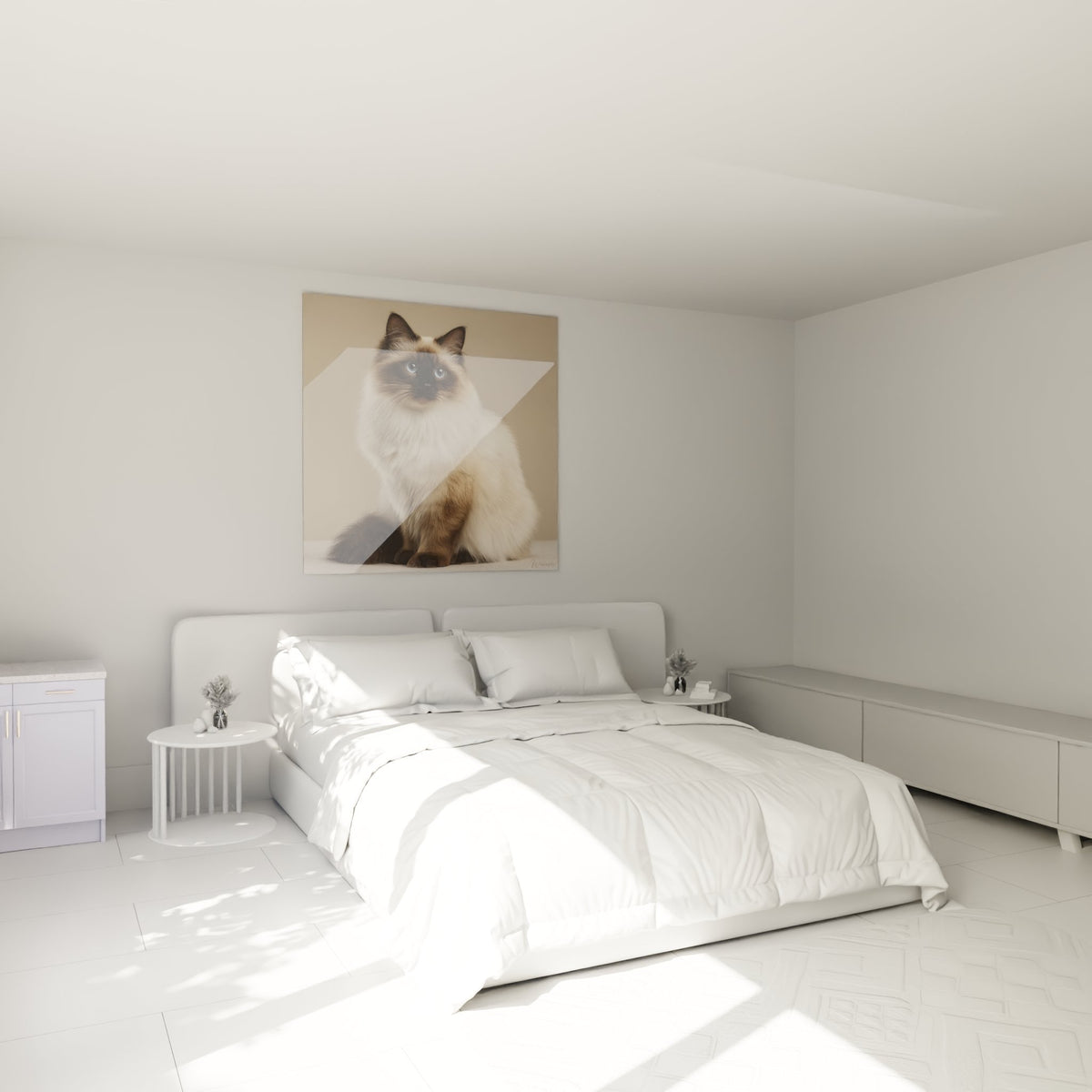 Tableau chat Birman yeux bleus dans chambre moderne, decoration murale apaisante ambiance cocooning