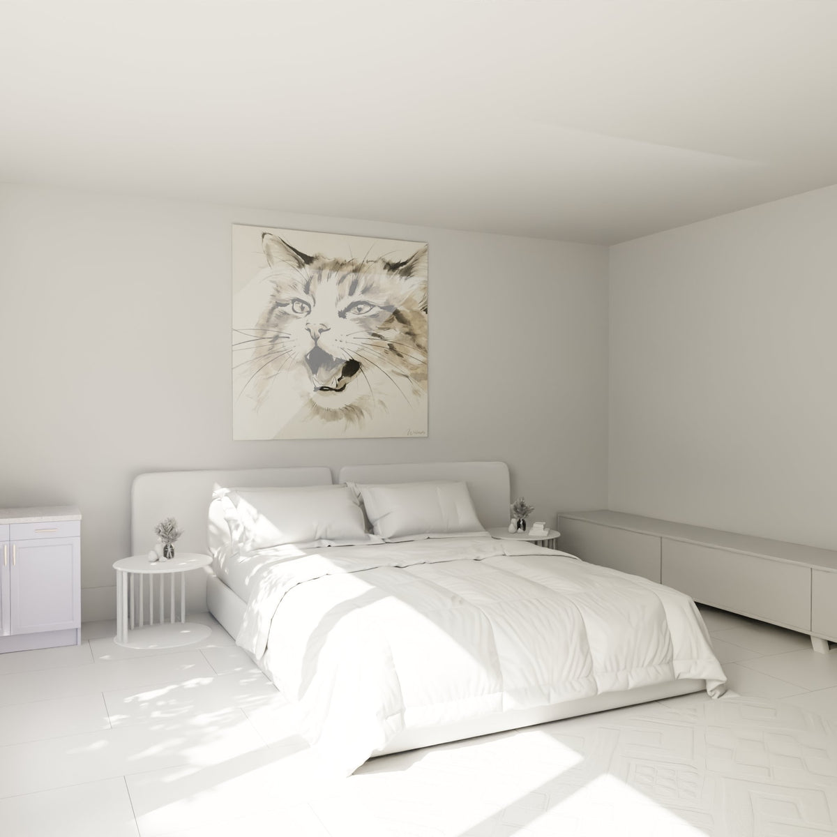 Tableau chat Ragamuffin aquarelle décorant élégamment une chambre moderne avec tons neutres harmonieux