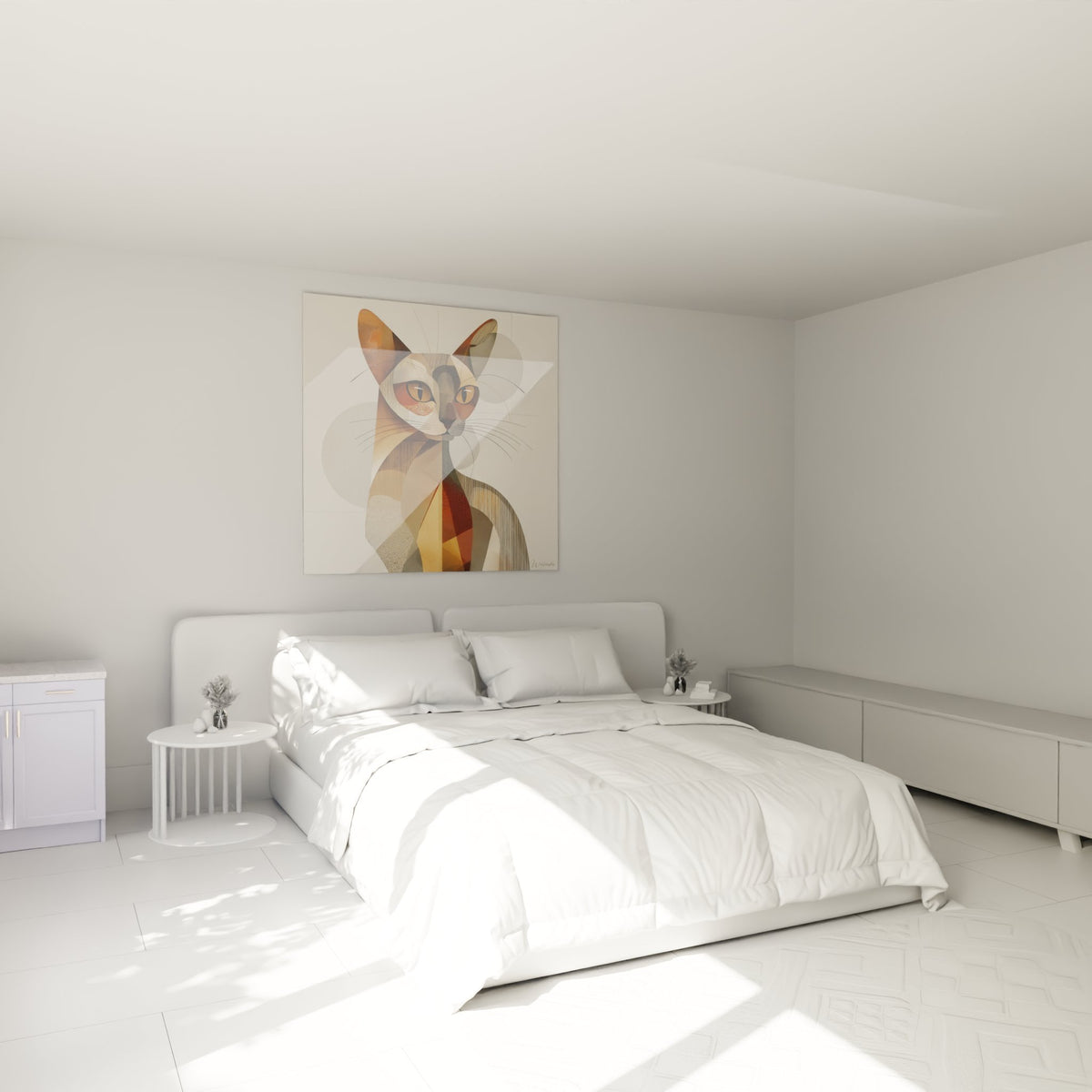 Tableau chat Singapura géométrique dans chambre moderne, art mural décoratif aux couleurs chaudes et apaisantes