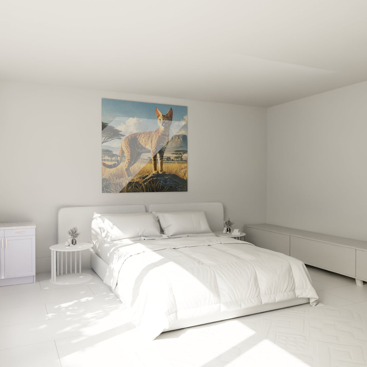 Décoration murale chambre avec tableau chat Serengeti savane africaine aux tons chauds et naturels