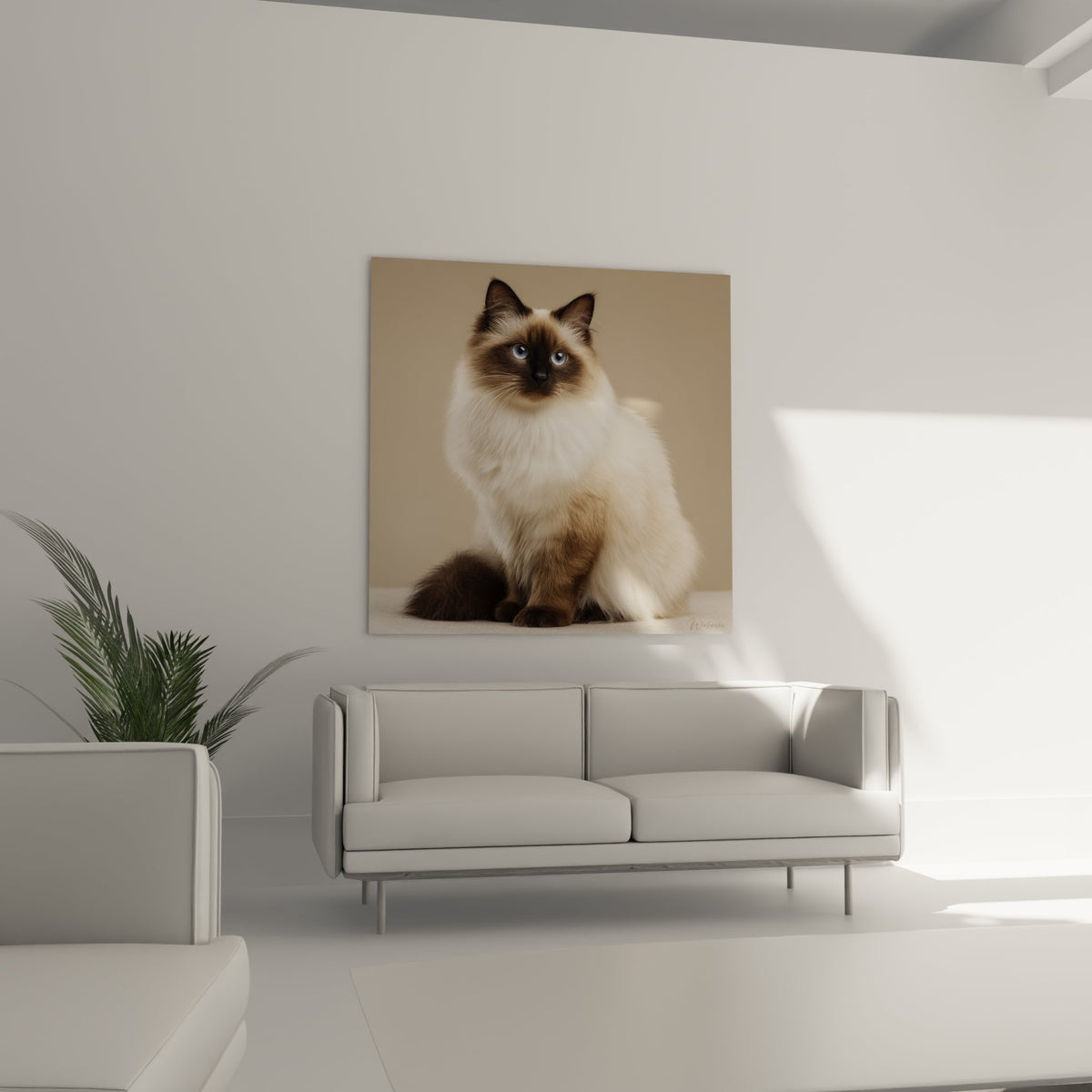 Gros plan tableau chat Birman detail pelage soyeux et yeux bleus cristallins art mural haute qualite