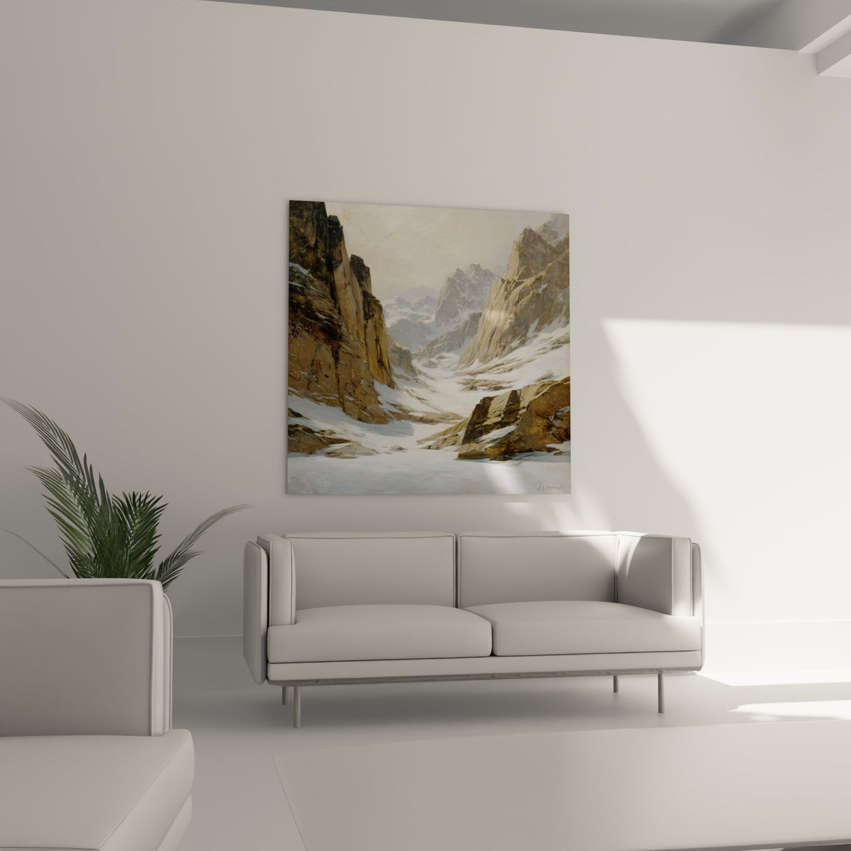 Détail tableau peinture vallée alpine, textures roches ocre et neige blanche, technique artistique réaliste