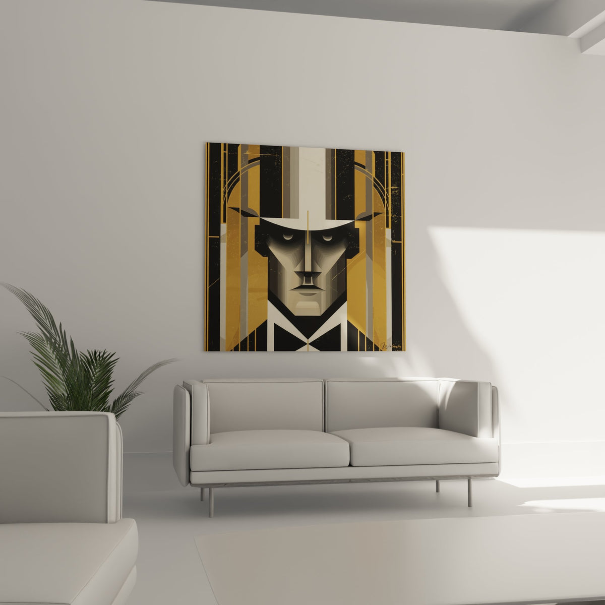 Détail du visage géométrique art déco montrant les yeux stylisés et les formes angulaires dorées