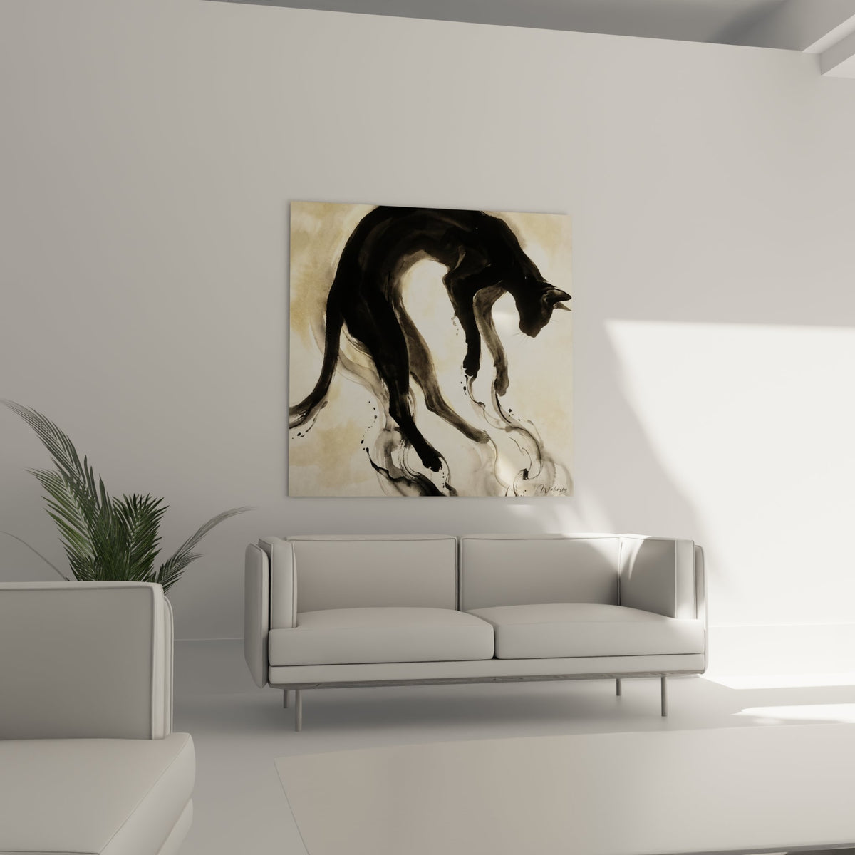 Détail aquarelle chat noir montrant technique pinceau fluide et jeux ombres lumières Oriental Shorthair