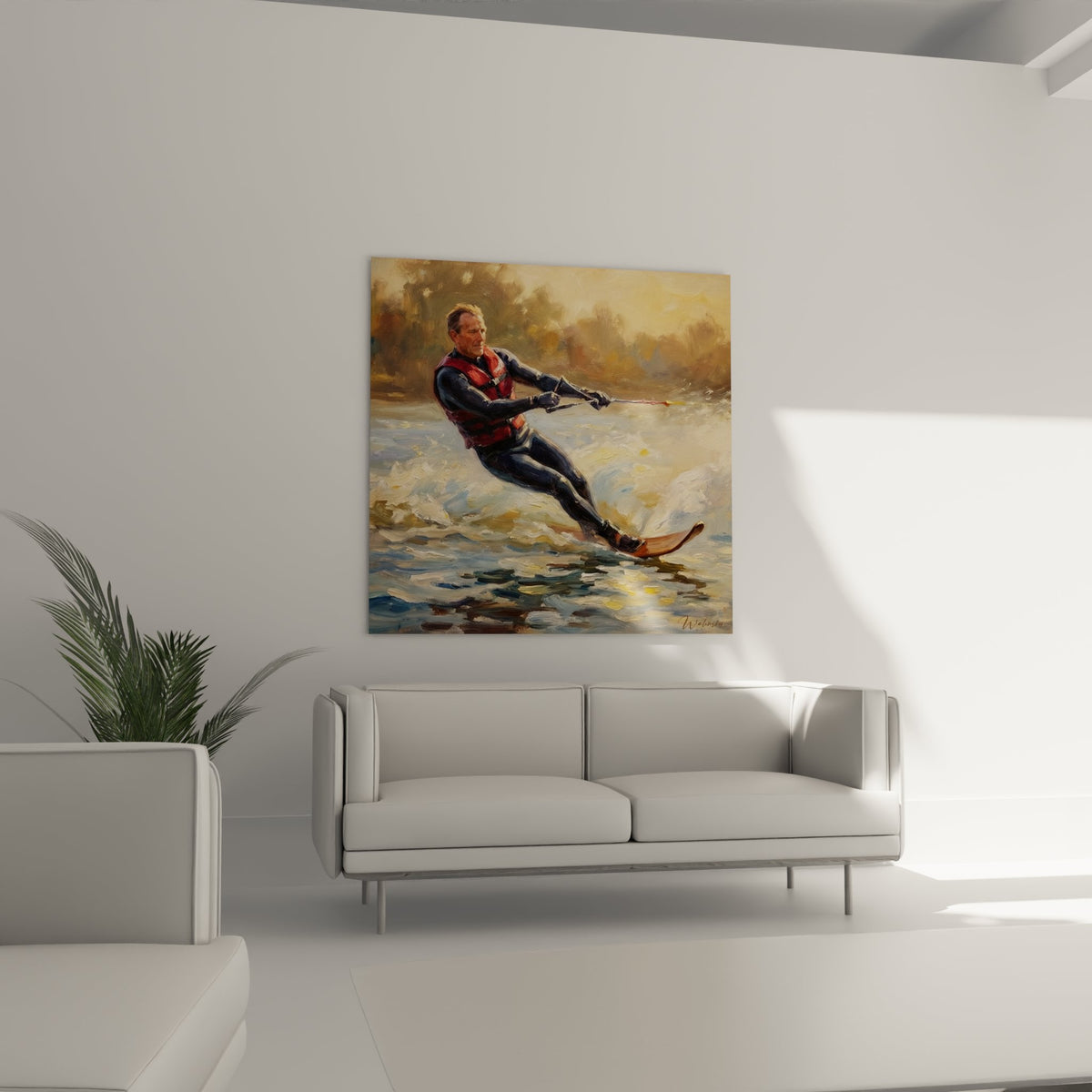 Gros plan sur les détails du tableau ski nautique montrant la technique picturale et les effets d'eau