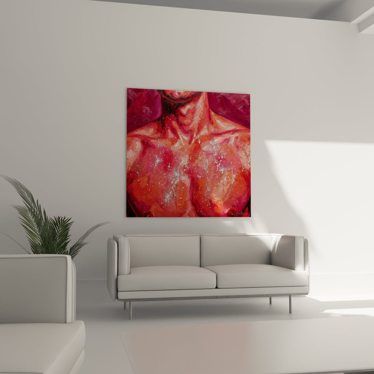 Detail peinture femme athlete musculation couleurs chaudes rouge rose art moderne fitness