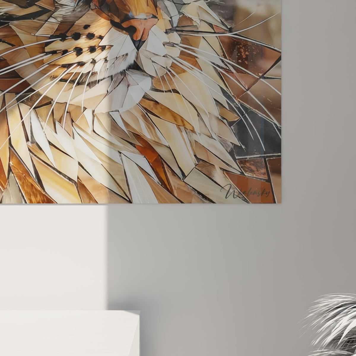Vue d'ensemble tableau mural Maine Coon style cristallin, art geometrique felin aux reflets cuivres et or