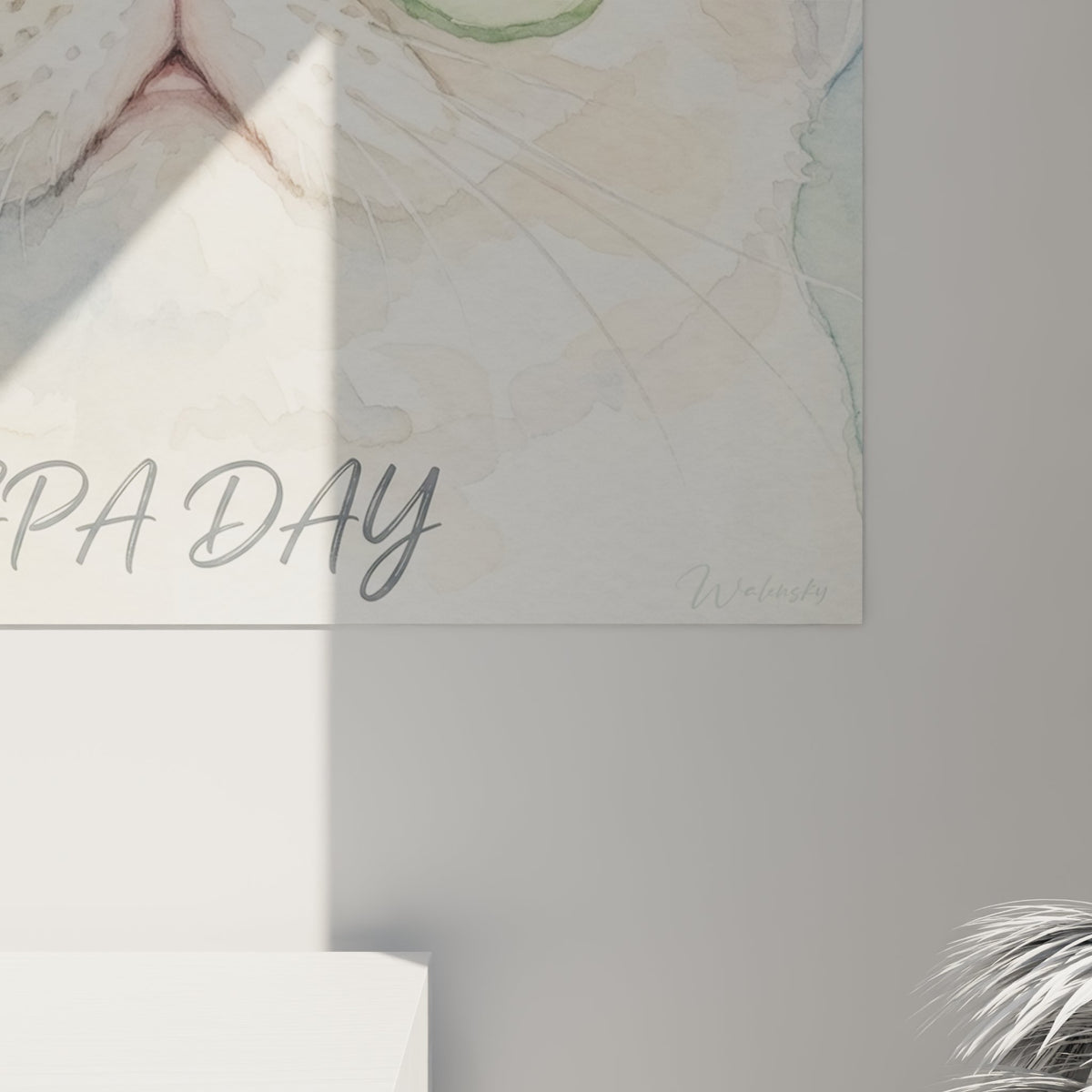 Vue d'ensemble tableau mural aquarelle chat Exotic Shorthair spa day dans intérieur contemporain