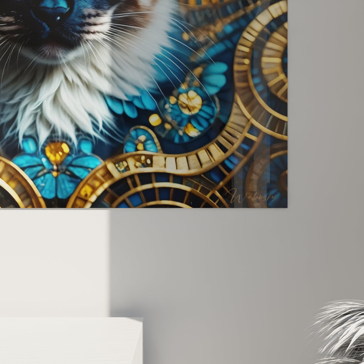 Vue d'ensemble tableau mural chat Birman aux spirales dorées dans intérieur contemporain élégant