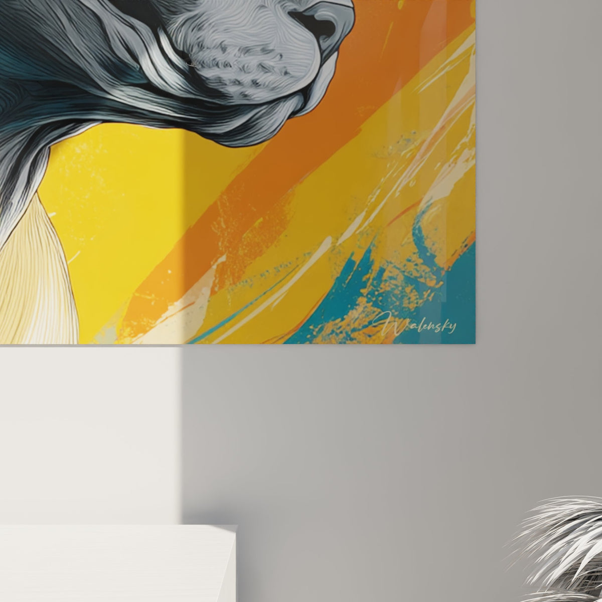 Vue d'ensemble tableau mural chat Sphynx profil dans un intérieur contemporain style artistique