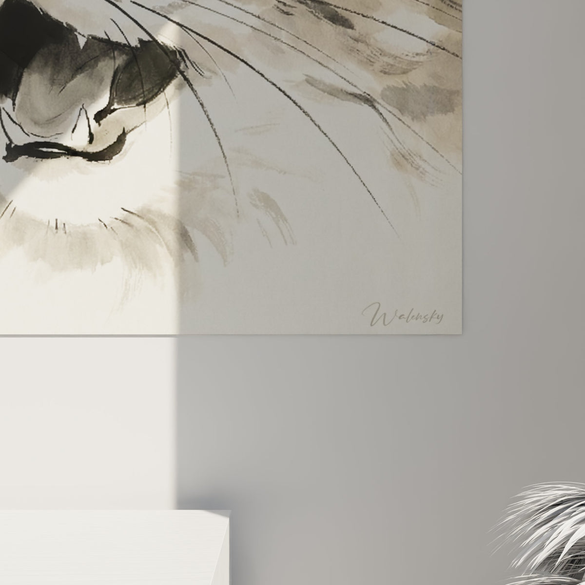 Vue d'ensemble tableau portrait chat Ragamuffin aquarelle encadré pour décoration intérieure raffinée
