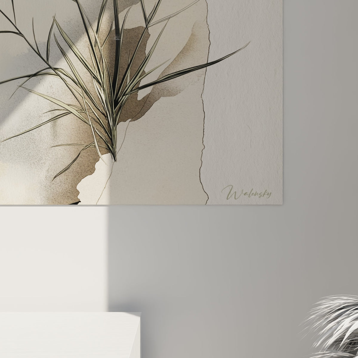 Vue ensemble tableau fleurs sauvages botaniques composition verticale tons neutres art mural contemporain