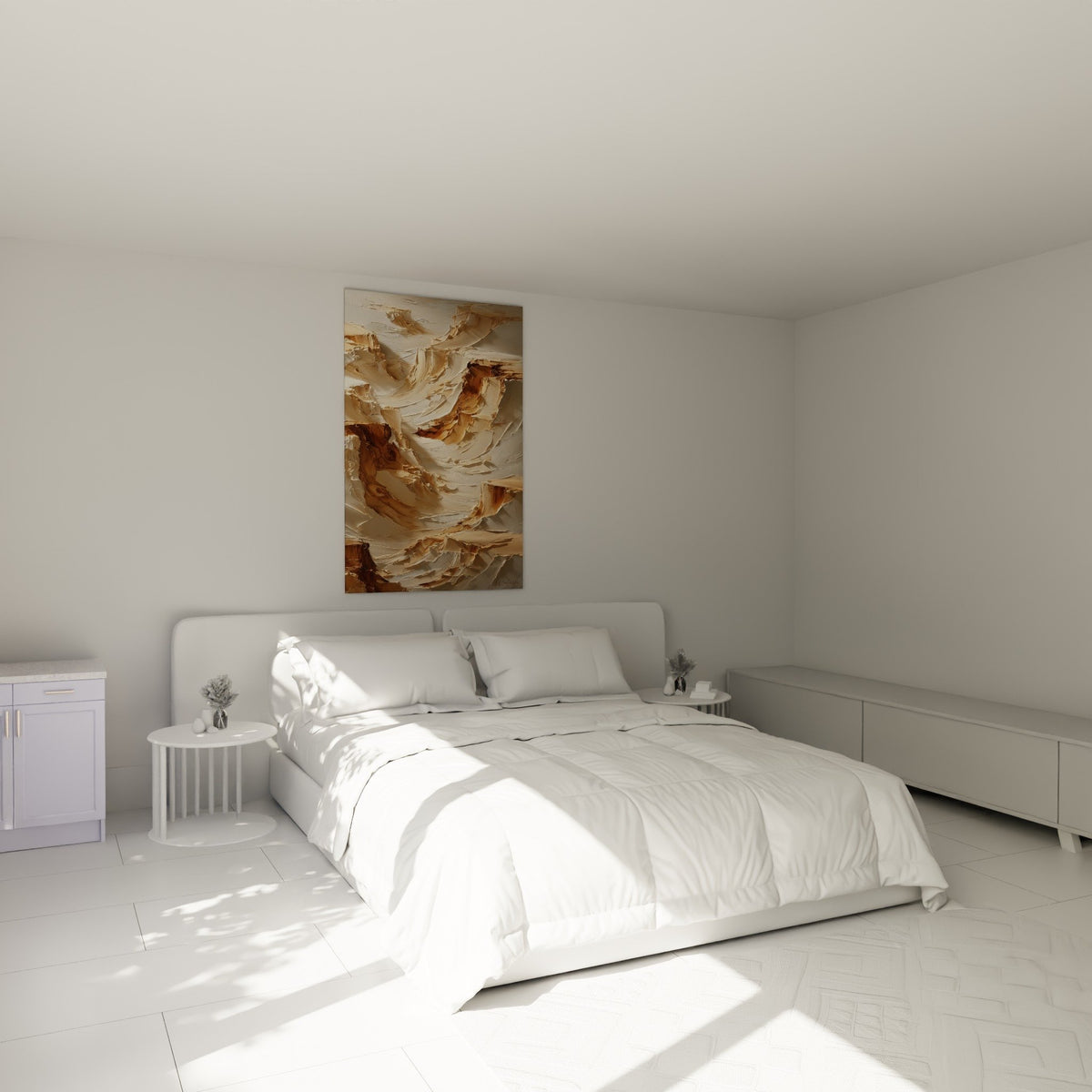 Decoration chambre avec tableau abstrait beige brun texture sculptee feng shui centre terre ambiance apaisante