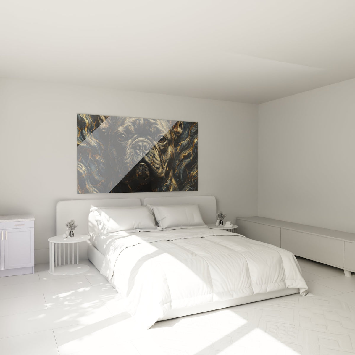 chambre moderne tableau bouledogue francais mur blanc decoration murale artistique