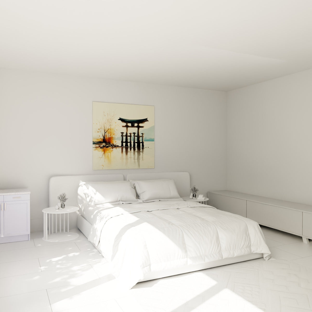 Chambre moderne avec tableau torii aquarelle tons orange et beige ambiance zen