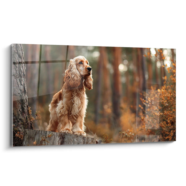 Tableau Cocker Spaniel Roux Assis sur Tronc en Forêt Automnale - Regard Contemplatif - Edition Cocker Americain