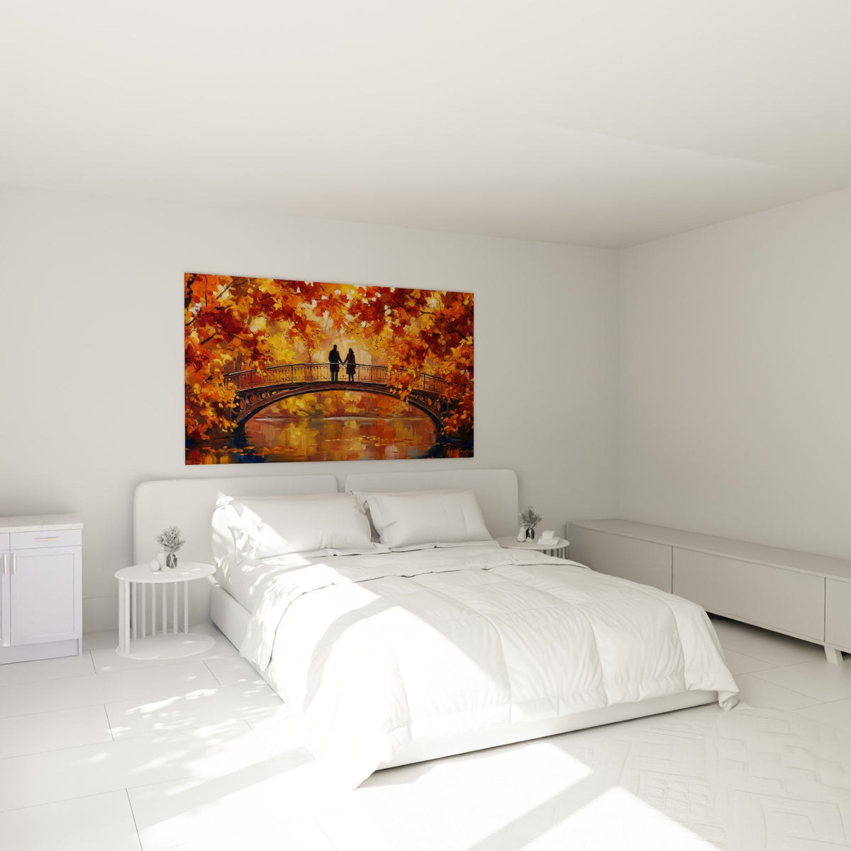 Deco chambre tableau romantique couple pont automne tons chauds dores oranges ambiance intime