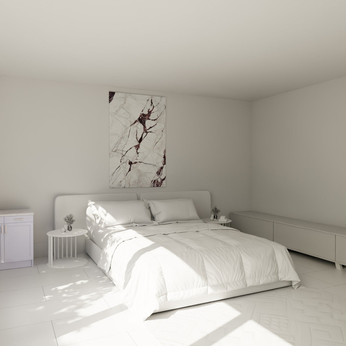 Décoration chambre avec tableau marbre abstrait blanc bordeaux au-dessus du lit design moderne