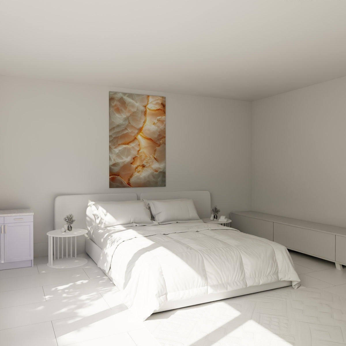 Décoration chambre avec tableau marbre doré nacré au-dessus du lit ambiance raffinée