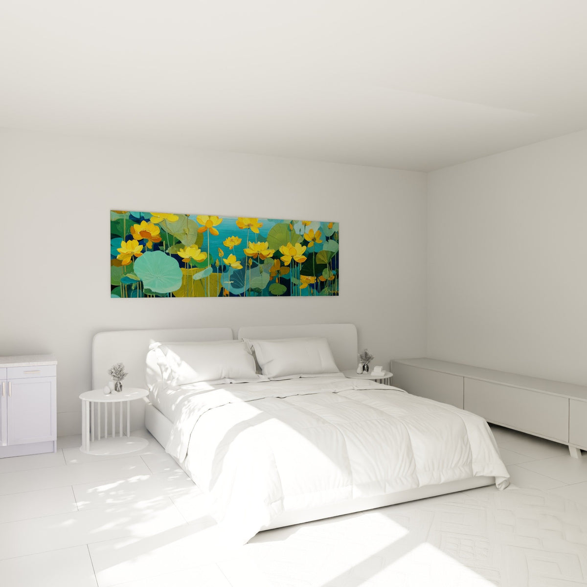 Décoration chambre avec tableau fleurs aquatiques dorées, ambiance zen et apaisante sur mur clair