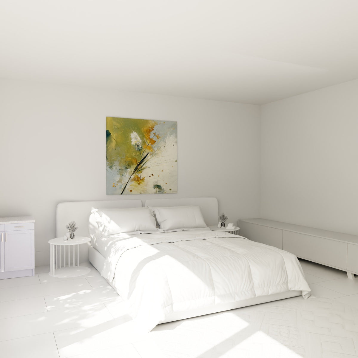 Decoration murale chambre tableau abstrait beige ocre graminées ambiance naturelle moderne