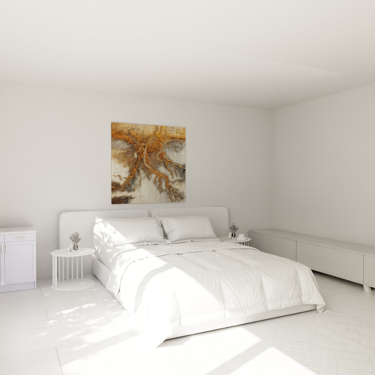 Decoration chambre tableau abstrait couleurs dorees et grises ambiance zen feng shui