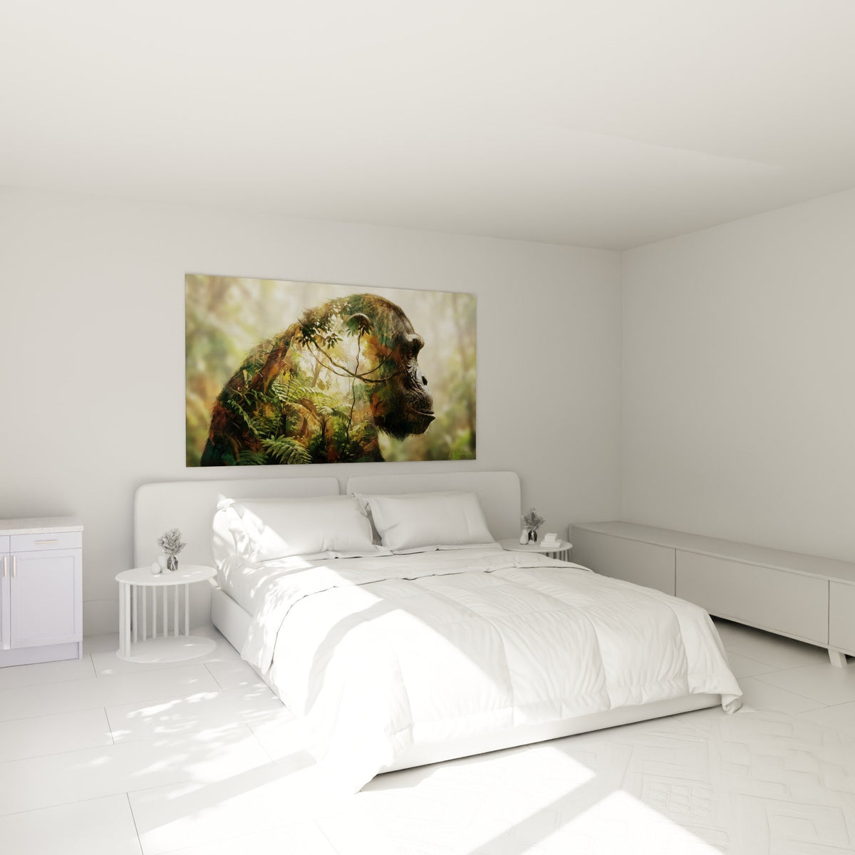 Decoration chambre tableau chimpanze fusion vegetale ambiance apaisante tons chauds dores verts naturels zen