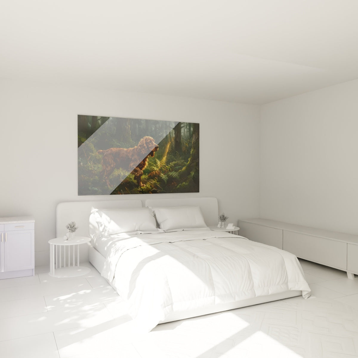 Décoration chambre avec tableau Cocker Anglais forêt enchantée tons verts et cuivrés ambiance nature