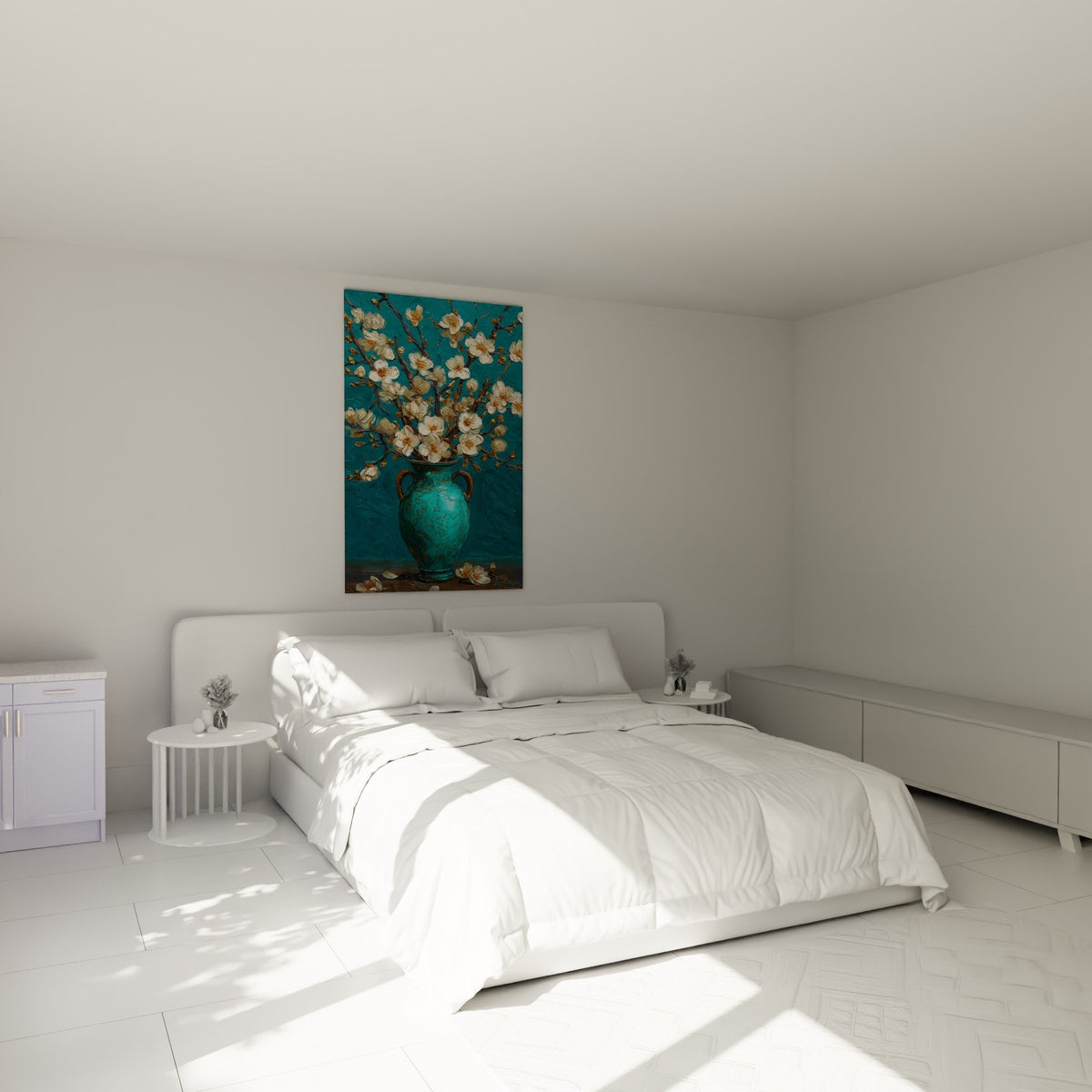 Decoration chambre tableau fleurs blanches vase turquoise ambiance zen et apaisante