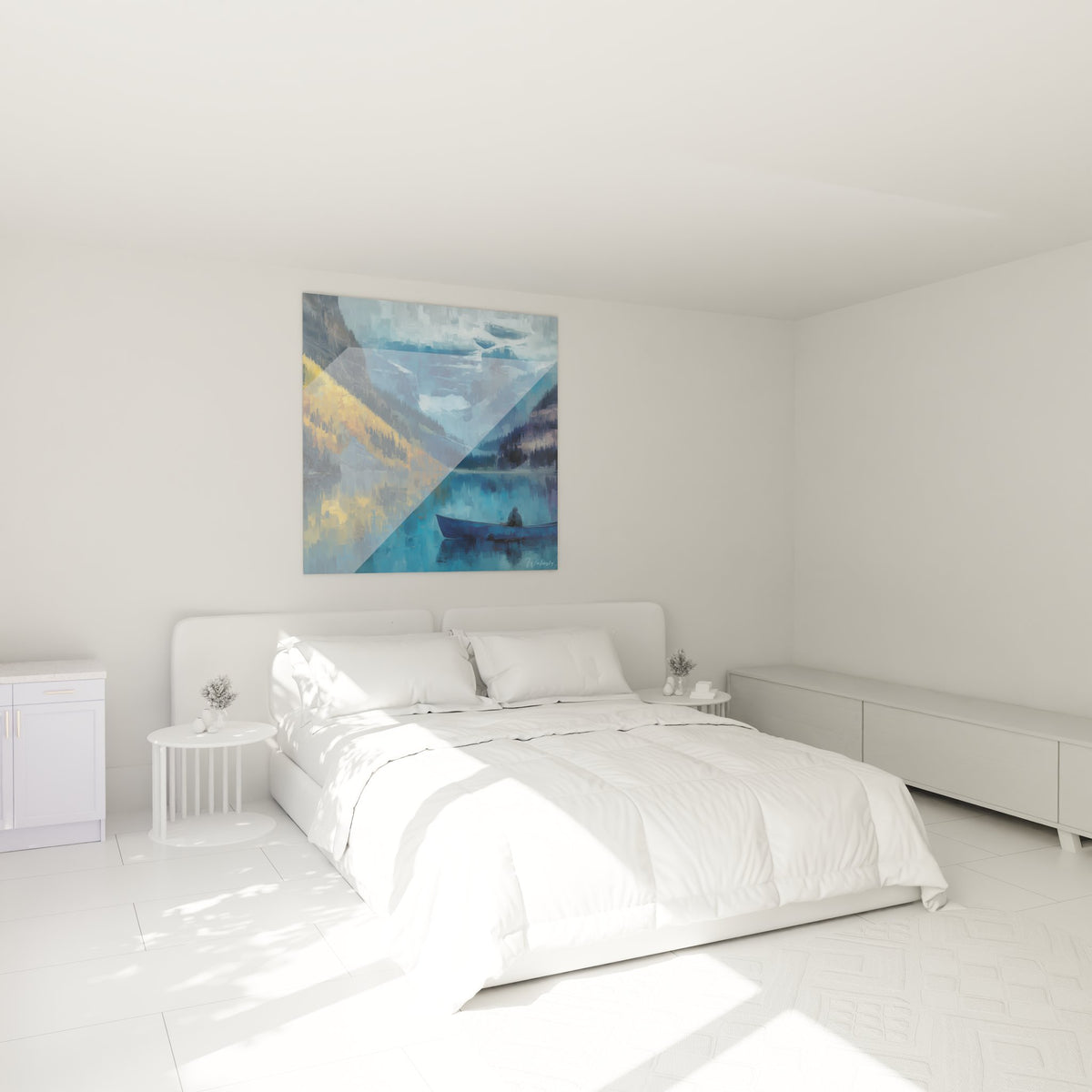 Décoration chambre tableau lac montagne, ambiance zen pêcheur barque, art mural apaisant