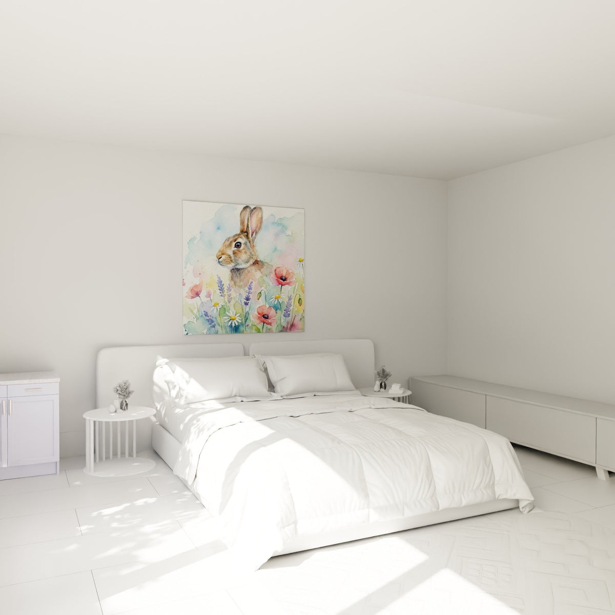 Decoration chambre tableau lapin aquarelle prairie coloree ambiance douce pastel nature bucolique murale