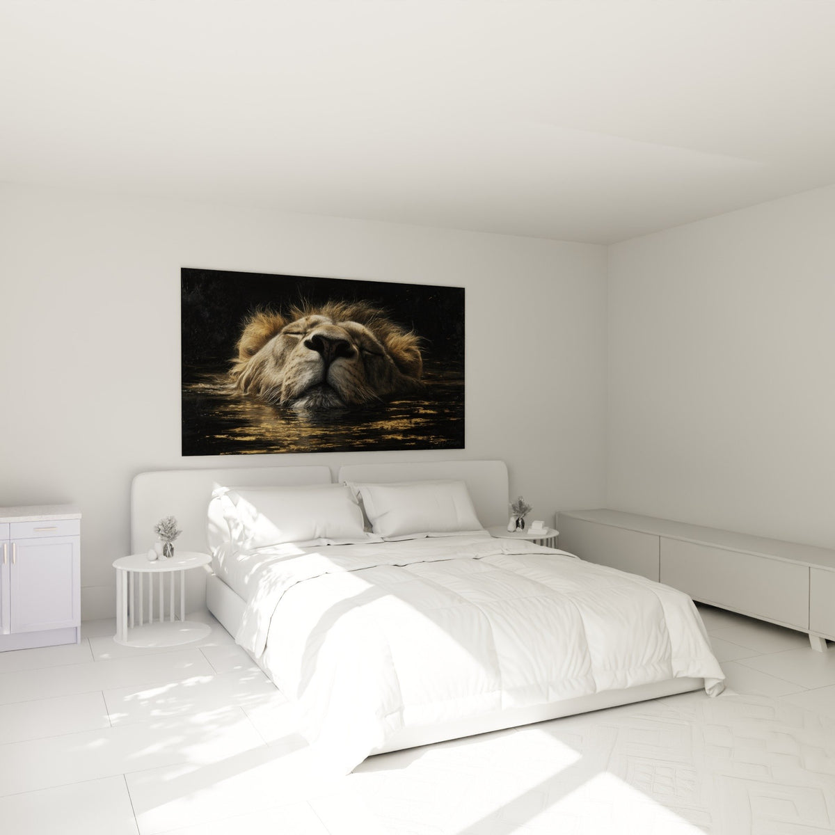 Tableau lion endormi reflets dores decoration chambre ambiance apaisante