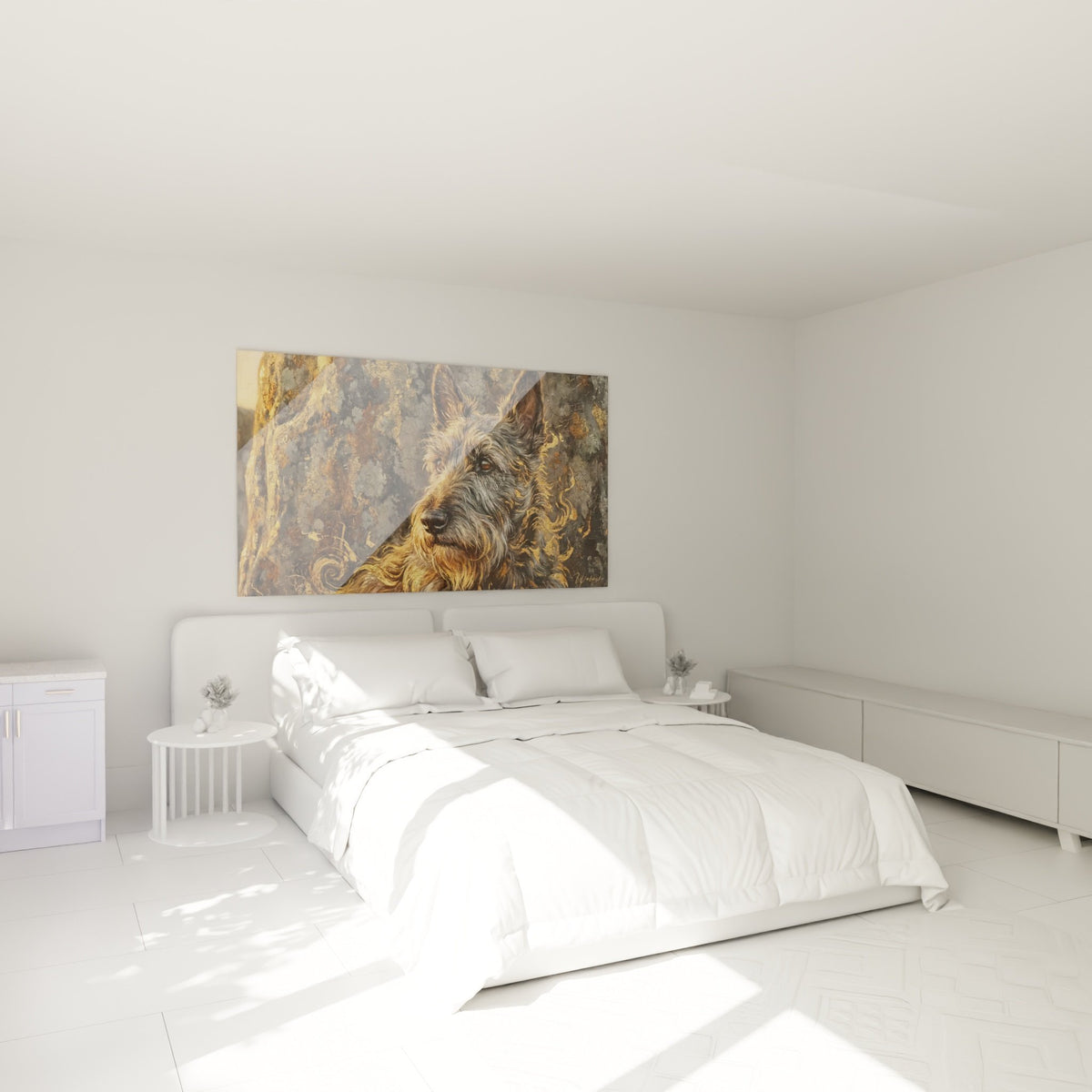 Déco chambre avec tableau Scottish Terrier doré - Portrait canin élégant au mur