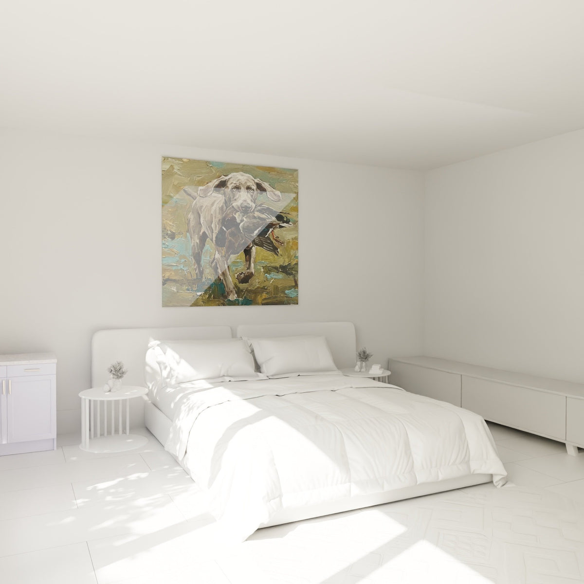 Tableau chien de chasse Braque de Weimar décorant une chambre aux tons naturels