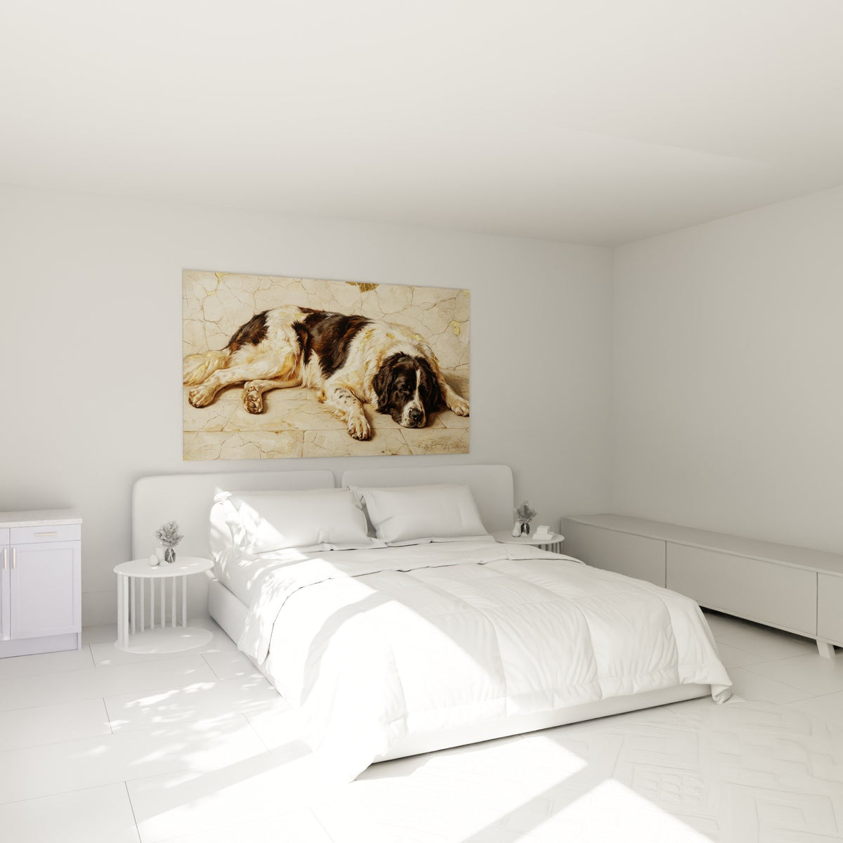 Decoration chambre tableau chien Landseer tons dores bruns ambiance apaisante repos fidele