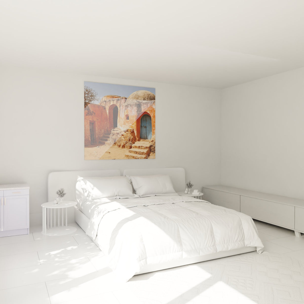 Décoration chambre tableau architecture berbère tunisienne ambiance chaleureuse tons ocre murs blancs