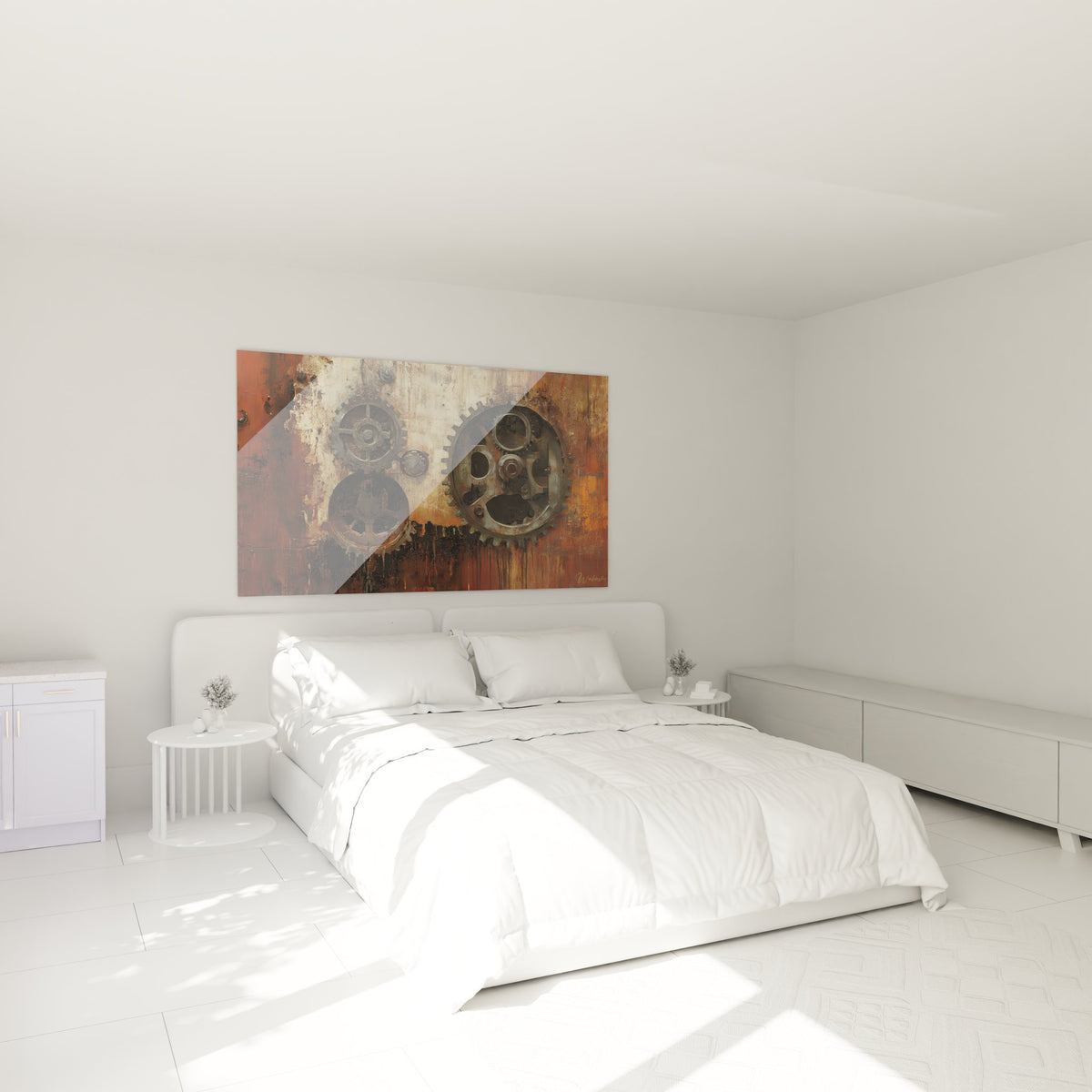 Décoration chambre avec tableau engrenages industriels style vintage dans ambiance moderne