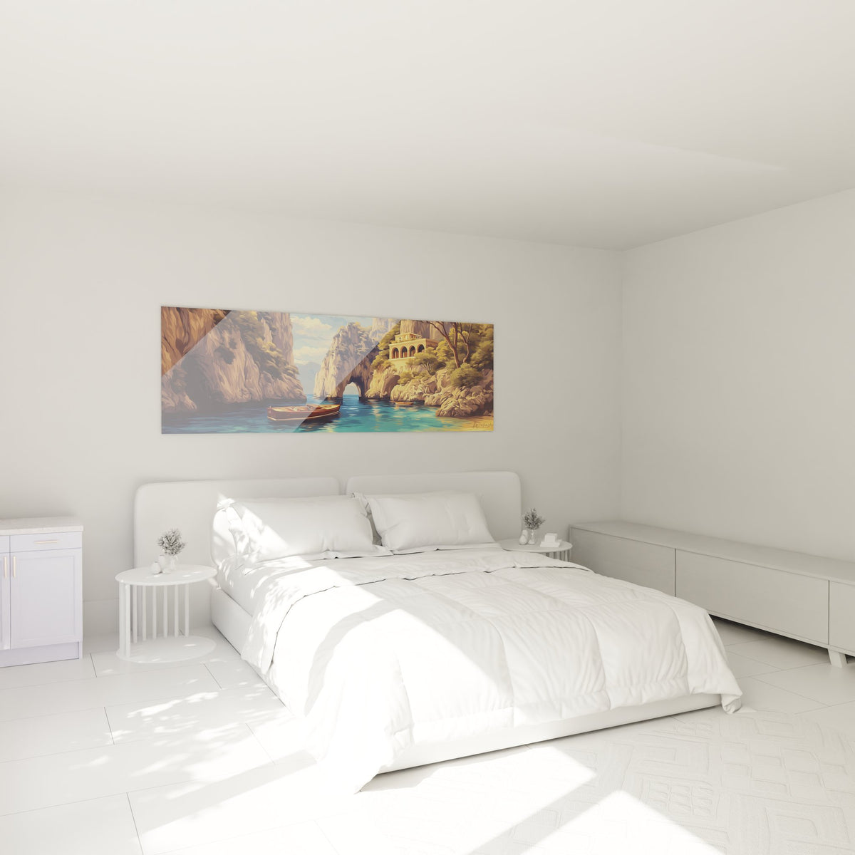 Décoration murale chambre tableau grotte naturelle marine avec bateau en bois dans paysage côtier